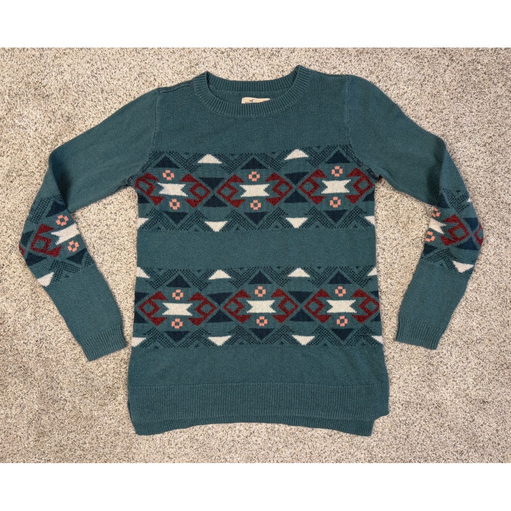Hollister Sweater Southwestern Geometric Intarsia Medium Teal Green Crewneck